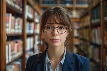 Portrait of a young woman at a library or bookstore, bookworm concept