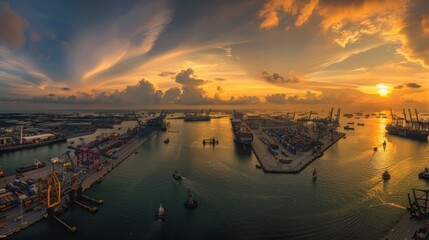 Naklejka premium A panoramic vista of a modern port terminal at sunset, with container ships lined up along the quay and the sky ablaze with warm