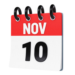 November 10 date displayed on stylized three-dimensional flip calendar icon isolated on transparent background. 3D rendering