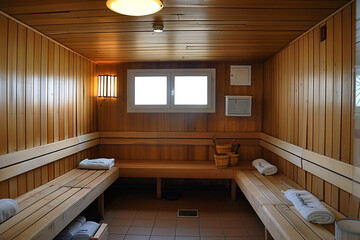An empty wooden sauna seen from inside
