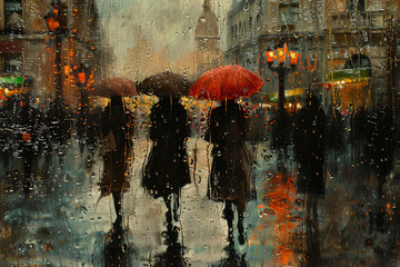 Illustration of three women waling down a road in a European city with umbrellas on a rainy day