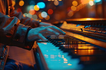 The hands of a piano player wearing a leather jacket lose up, evening lights