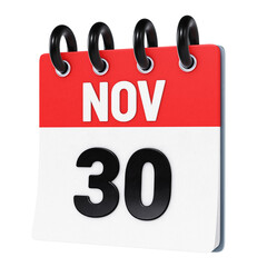 November 30 date displayed on stylized three-dimensional flip calendar icon isolated on transparent background. 3D rendering