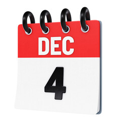 December 4 date displayed on stylized three-dimensional flip calendar icon isolated on transparent background. 3D rendering