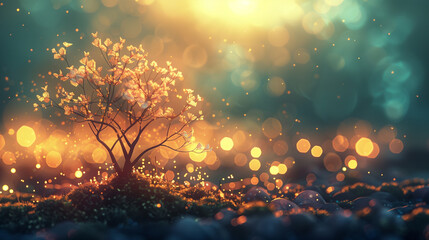 a budding tree illuminated by the soft morning sunlight, with bokeh lights dancing in the background, evoking a sense of harmony between the digital realm and the beauty of the natural world.