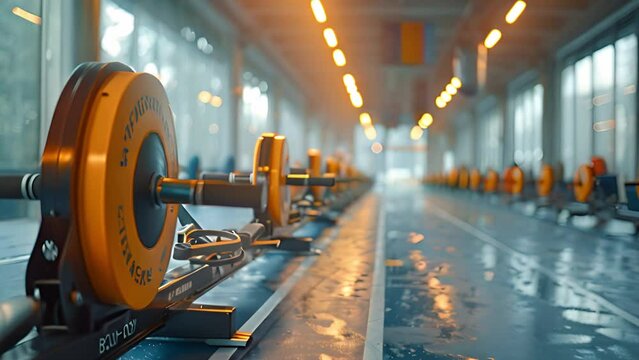 This Various gym equipment lined up in a row at a fitness center.