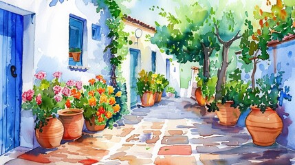 This watercolor painting shows a quaint cobblestone alley lined with colorful flower pots, Clipart minimal watercolor isolated on white background