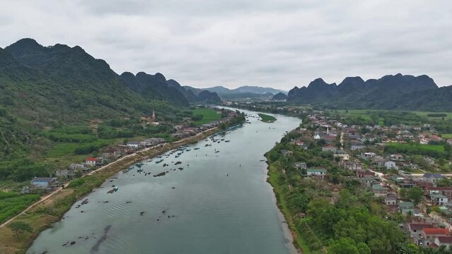 Green nature landscape in mansoon season aerial footage of river and green forest