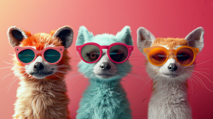 Three animated foxes in bright colors wearing stylish sunglasses against a pink background.