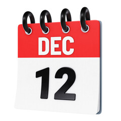 December 12 date displayed on stylized three-dimensional flip calendar icon isolated on transparent background. 3D rendering