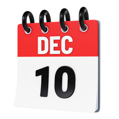 December 10 date displayed on stylized three-dimensional flip calendar icon isolated on transparent background. 3D rendering