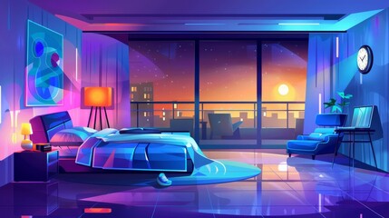 Illustration of a cartoon groovy bedroom at night. Room interior with retro furniture, bed, lamp, laptop, armchair, abstract picture, clock and glass balcony door.