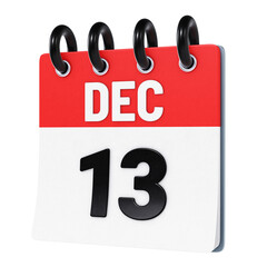 December 13 date displayed on stylized three-dimensional flip calendar icon isolated on transparent background. 3D rendering