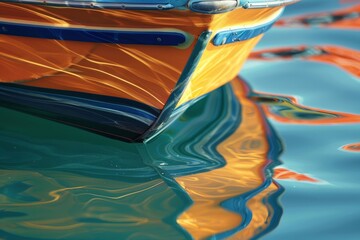 A small boat is peacefully floating on the surface of the water, with its reflection visible below