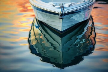 A boat peacefully floats on the calm waters, creating a mirrored reflection beneath it