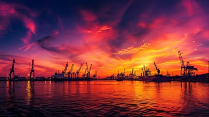 Fototapeta na wymiar A panoramic vista of a port city during a vibrant sunset, with the sky ablaze in shades of orange and purple