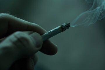 Close-up of a hand holding a cigarette, highlighting the act of smoking and addiction