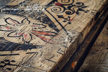 Detailed close-up of a rustic wooden sign with intricate hand-painted designs and patterns