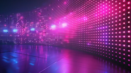 A TV show stage and a LED display wall backround. Digital concave panel with dots. Curved cinema glittering diode pixel technology background.