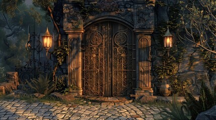 An entrance featuring a large oaken door with intricate ironwork and a cobblestone pathway