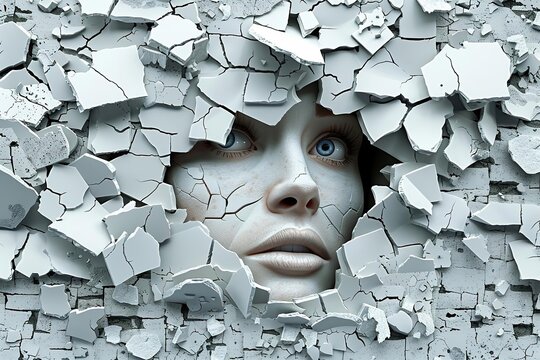 A woman's face is trapped in a gray stone wall