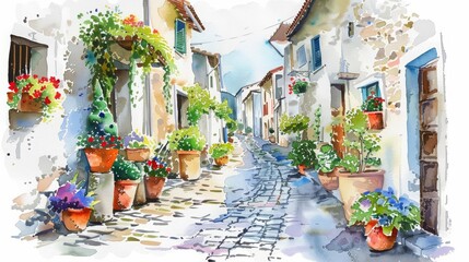 This watercolor painting shows a quaint cobblestone alley lined with colorful flower pots, Clipart minimal watercolor isolated on white background