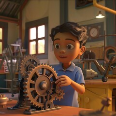 A young boy is working on a mechanical device in his workshop. He is wearing a blue shirt and has dark hair. The workshop is full of various tools and materials. - obrazy, fototapety, plakaty