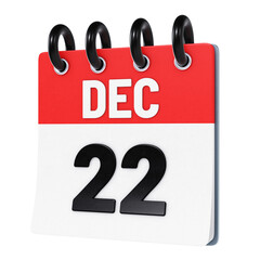 December 22 date displayed on stylized three-dimensional flip calendar icon isolated on transparent background. 3D rendering