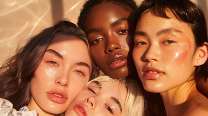 Obraz premium Four women with different hair colors and skin tones are posing for a photo