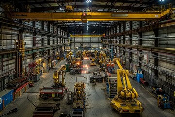 A large warehouse bustling with machinery, including robotic welding assembly lines, in a commercial setting