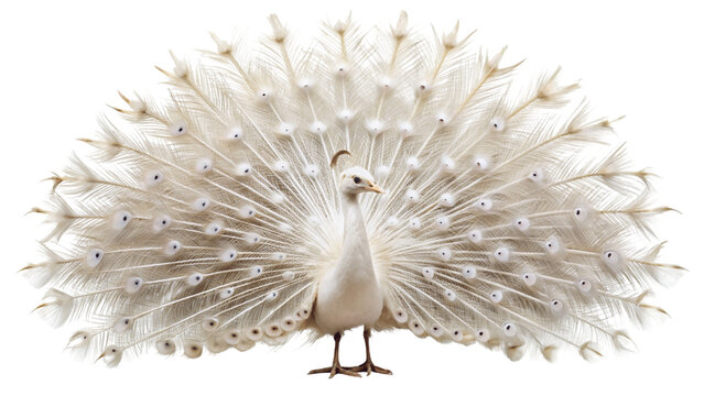 Beautiful white peacock spread his tail feathers. isolated on Transparent background.