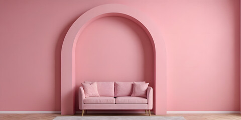 Living room and pink pastel arch wall texture background, empty interior design, mock up room, furniture decor