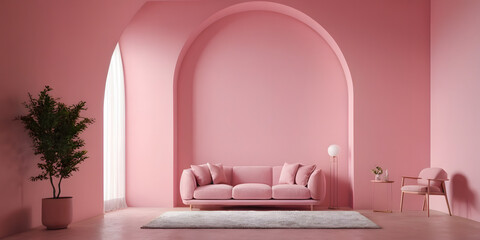 Living room and pink pastel arch wall texture background, empty interior design, mock up room, furniture decor