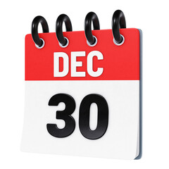 December 30 date displayed on stylized three-dimensional flip calendar icon isolated on transparent background. 3D rendering