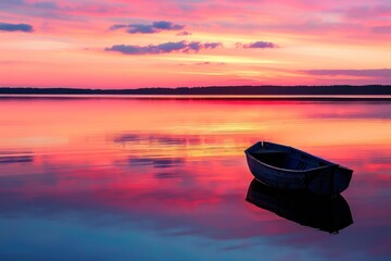 A small boat peacefully floating on a vast lake, under a warm sunset sky