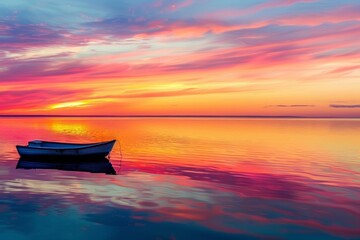 A small boat peacefully floats on a large body of water under a warm sunset sky