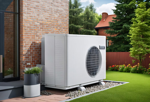 W&auml;rmepumpe an einer Backstein Wand im Garten 