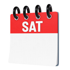 Saturday weekday displayed on blank stylized three-dimensional flip calendar icon isolated on transparent background. 3D rendering