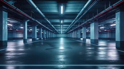 empty underground parking lot with neon lights