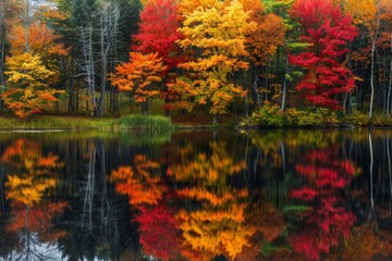 A tranquil lake reflects colorful autumn foliage as it is surrounded by a dense forest of trees