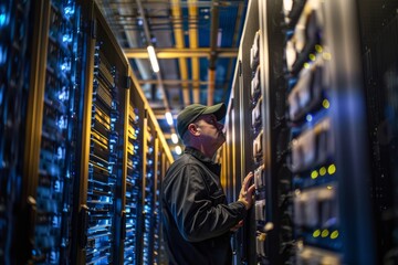 A data center specialist stands in front of a rack of servers, conducting an inspection in a vast room filled with towering server racks
