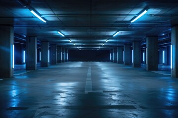 empty underground parking lot with neon lights