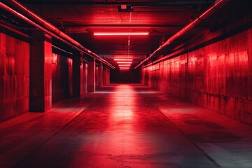 empty underground parking lot with neon lights