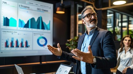 Businessman presenting data analysis dashboard display on TV screen in modern meeting for marketing strategy. Business presentation with group of business people in conference room. Concord