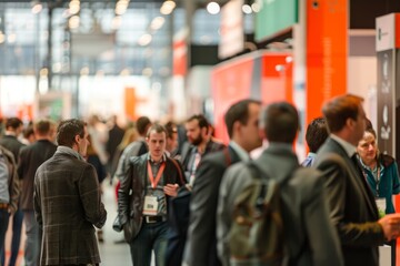 Diverse group of attendees mingling around a building in a crowded networking area at a business conference