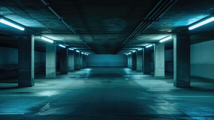 empty underground parking lot with neon lights