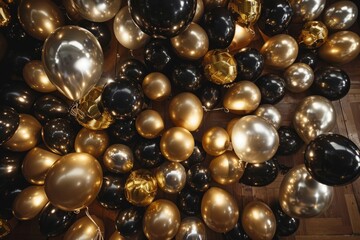 Collection of black and gold balloons scattered across a wooden floor in a room