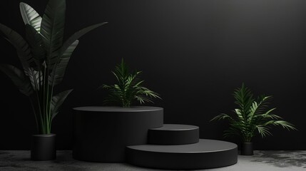 A minimalist podium in the studio focuses on functionality with a sleek black finish and multiple tiers for displaying various products