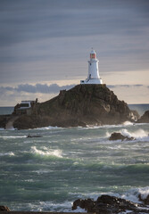 Corbiere lighthouse at high-tide on the island of Jersey, Channel Isalnds