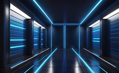 Illustration of a futuristic corridor's abstract background with dark blue and blue neon lights. Modern Vibrant  Blue background. Dark empty stage with a reflective floor